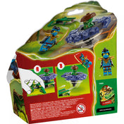 A LEGO NINJAGO 71849 dobozának hátoldala, amely bemutatja a spinner kilövését és a pörgettyűs harcjáték működését.