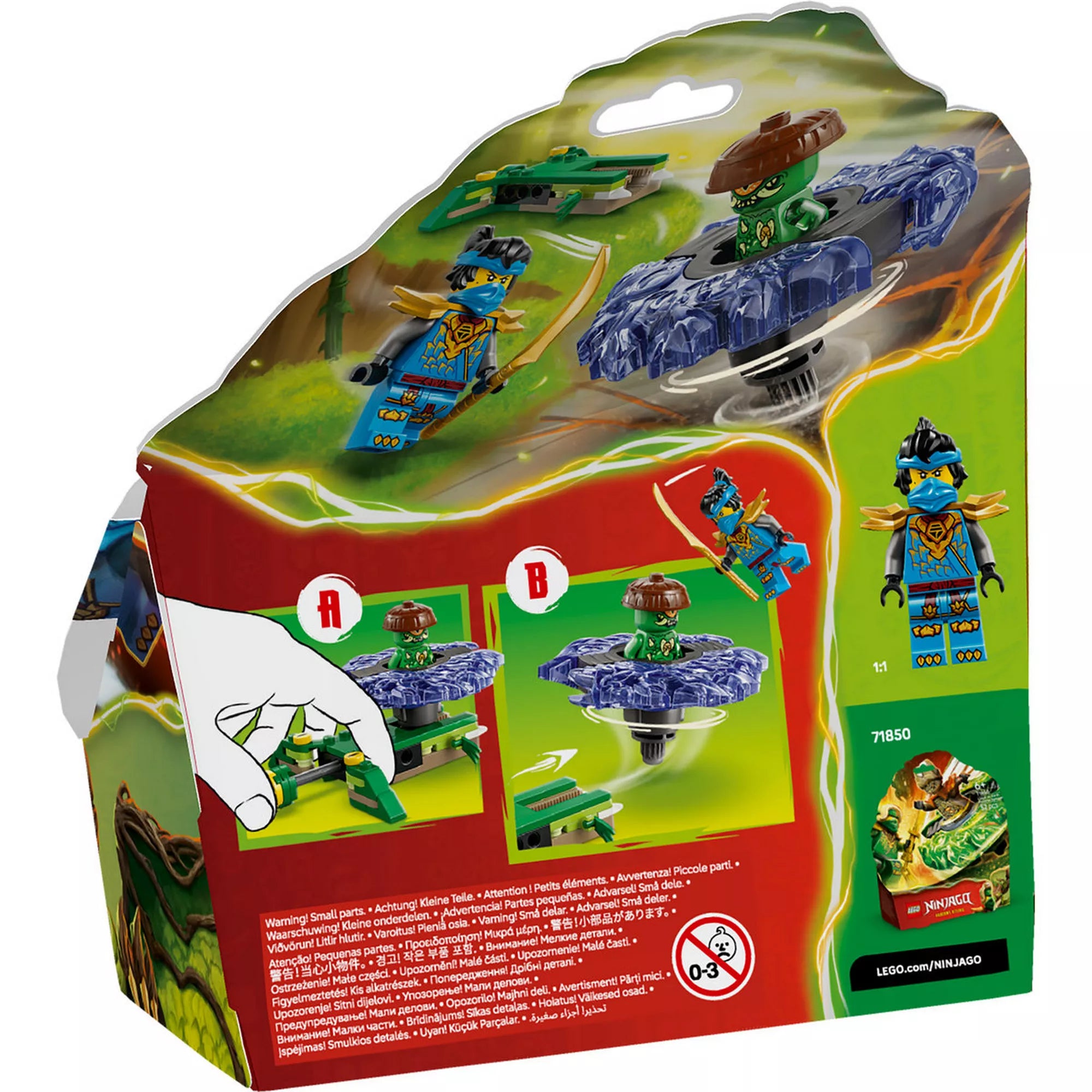 A LEGO NINJAGO 71849 dobozának hátoldala, amely bemutatja a spinner kilövését és a pörgettyűs harcjáték működését.