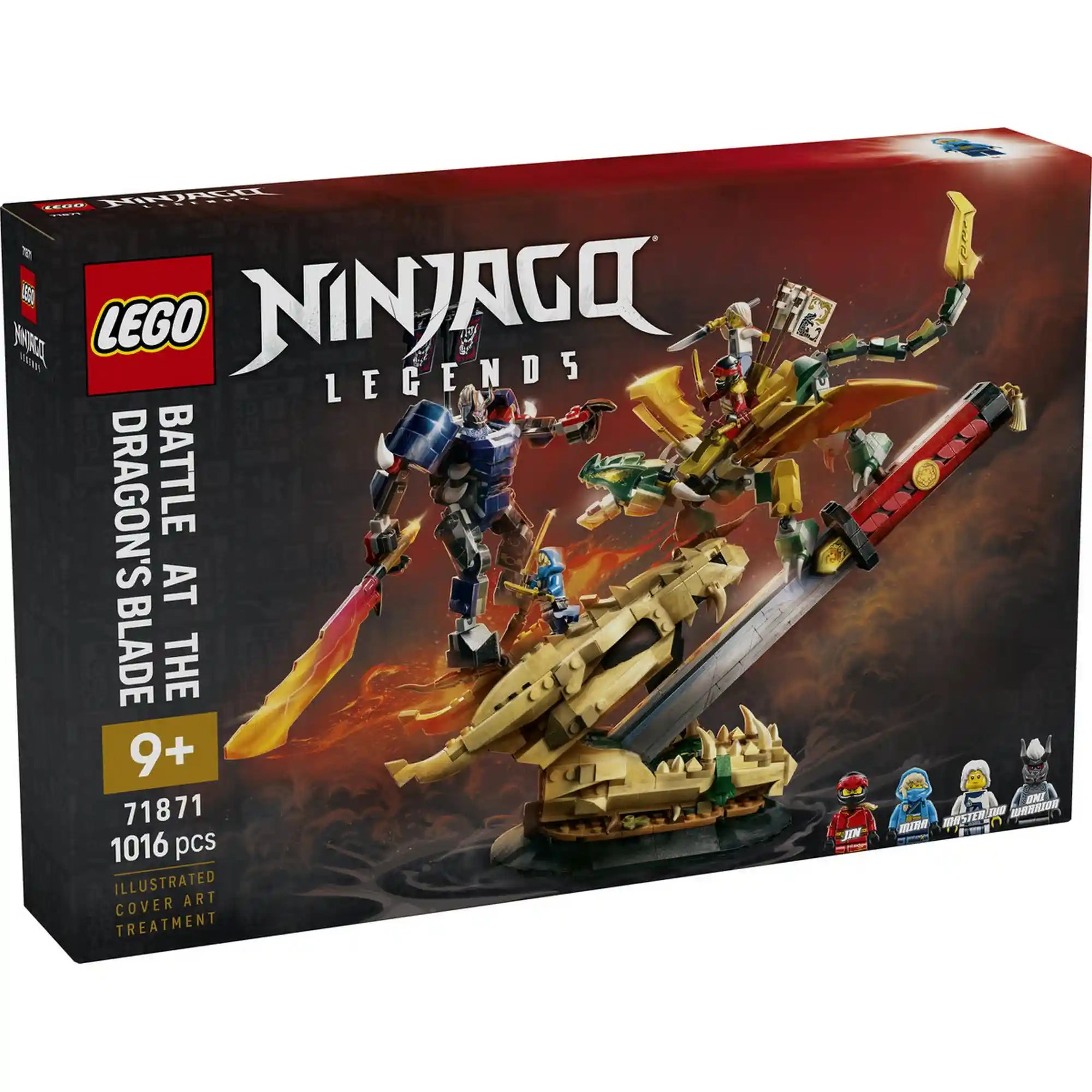LEGO NINJAGO Legends Összecsapás a Sárkány Kardjánál 71871 készlet dobozképe a sárkány és Oni robot epikus összecsapását ábrázoló grafikával.
