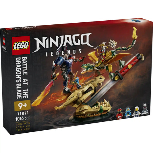 LEGO NINJAGO Legends Összecsapás a Sárkány Kardjánál 71871 készlet dobozképe a sárkány és Oni robot epikus összecsapását ábrázoló grafikával.