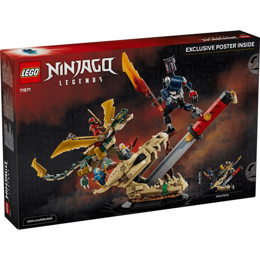 LEGO NINJAGO Legends Összecsapás a Sárkány Kardjánál 71871 készlet hátoldali dobozképe, amely a modell funkcióit, méreteit és kiállítási lehetőségeit mutatja be.