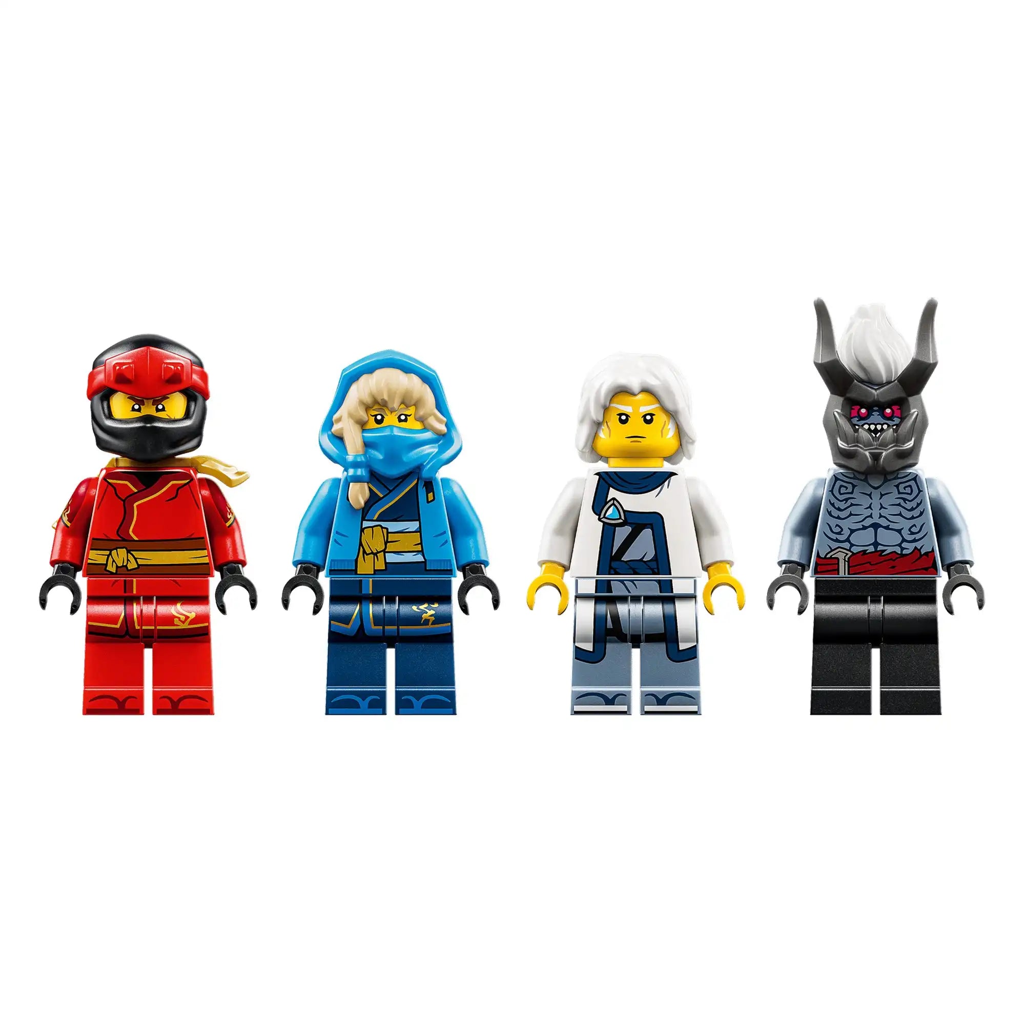 LEGO NINJAGO 71871 készlet minifigurái: Jin, Mira, Ivo mester és Oni harcos részletgazdag megjelenéssel és egyedi fegyverekkel.