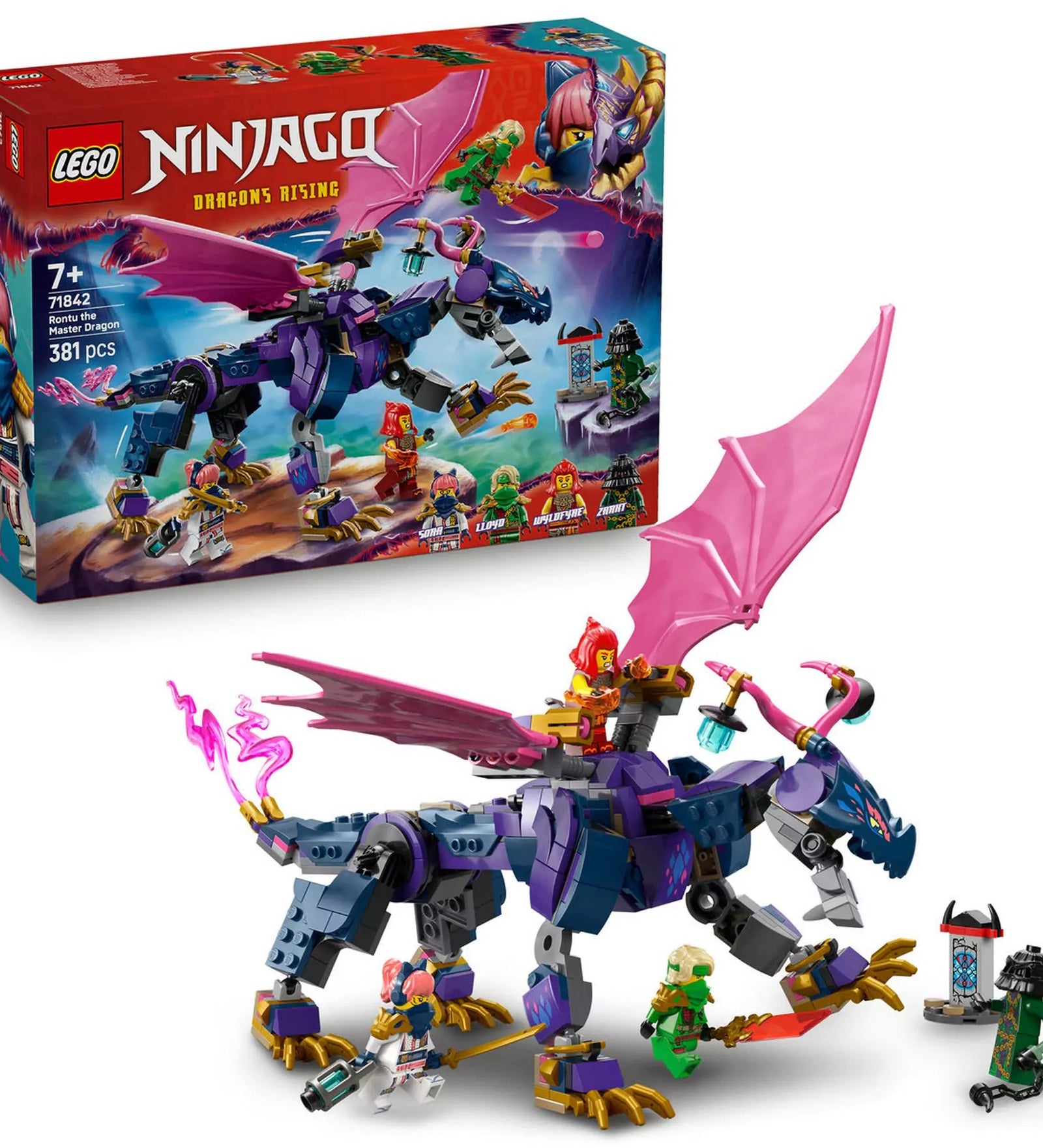 LEGO Ninjago: Rontu, a sárkánymester (71842) termékdoboz és a teljesen megépített sárkány a minifigurákkal együtt.