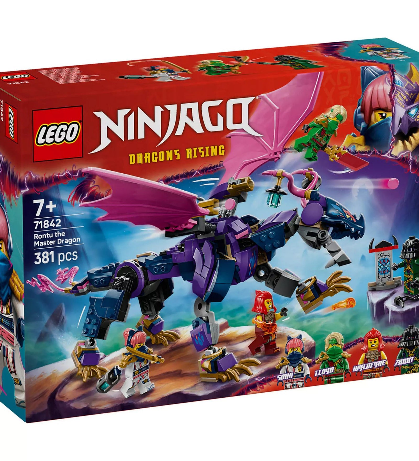 Dobozos LEGO Ninjago: Rontu, a sárkánymester (71842) készlet, előtérben a sárkánnyal és a négy minifigurával.