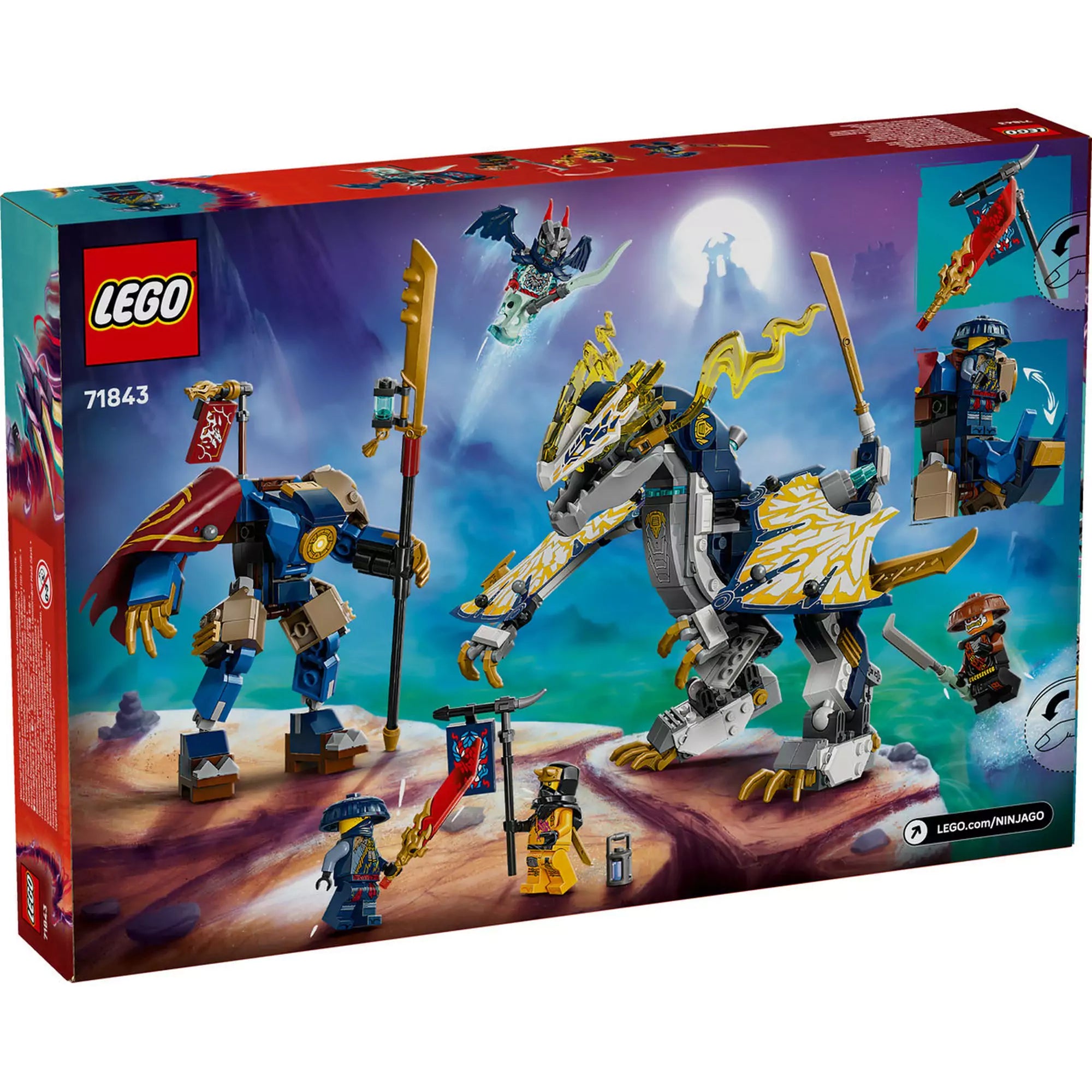 A LEGO NINJAGO 71843 Rogue gépmechje és sárkánylovasa doboz hátoldala, amely bemutatja az akciódús játékhelyzeteket és a készlet szereplőit.