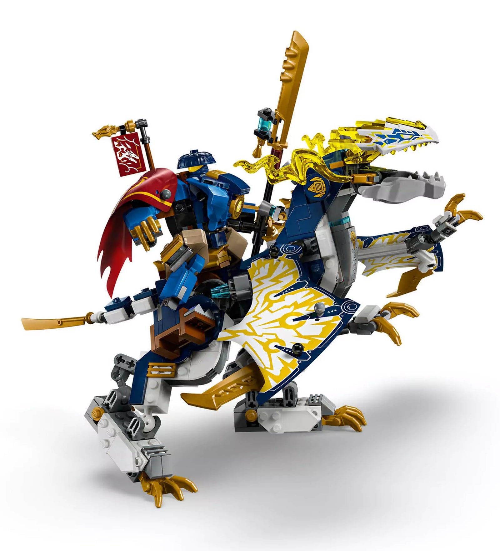  A LEGO NINJAGO 71843 Rogue gépmechje és sárkánylovasa teljesen összeépített modellje, részletesen kidolgozott kék-arany sárkánnyal és lovasával.