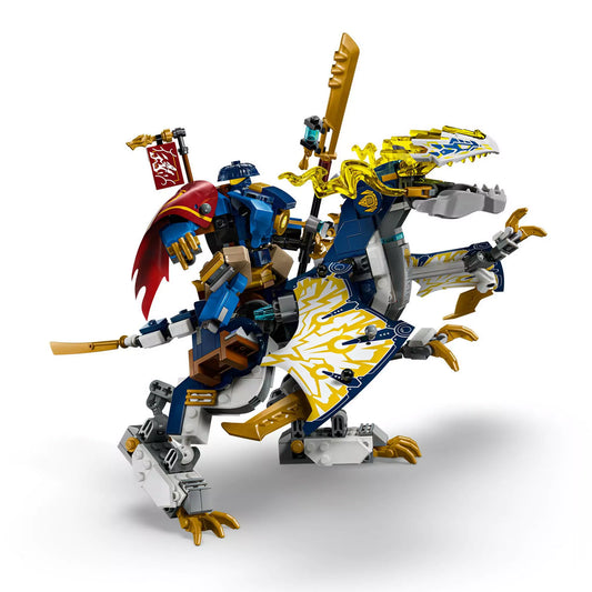  A LEGO NINJAGO 71843 Rogue gépmechje és sárkánylovasa teljesen összeépített modellje, részletesen kidolgozott kék-arany sárkánnyal és lovasával.