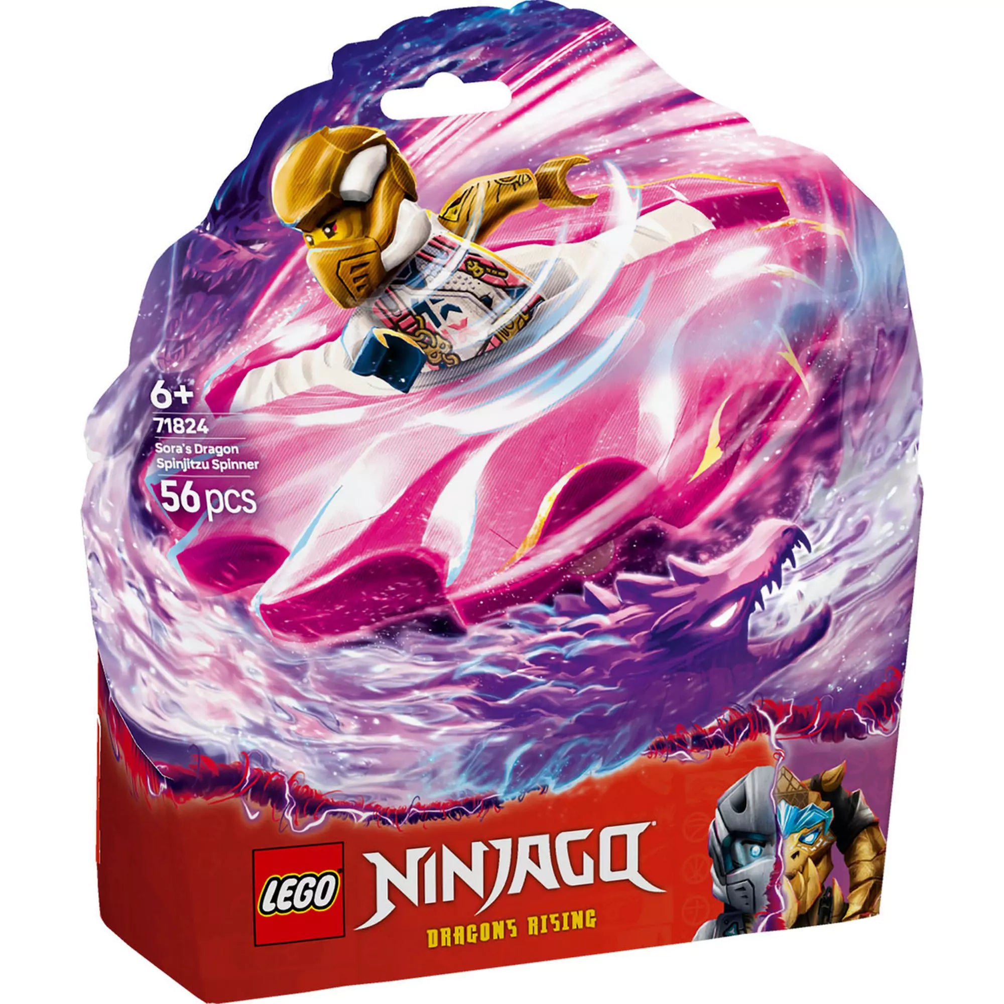 A LEGO Ninjago Sora sárkány Spinjitzu pörgettyűje 71824 szett lenyűgöző csomagolása és látványos dizájnja.