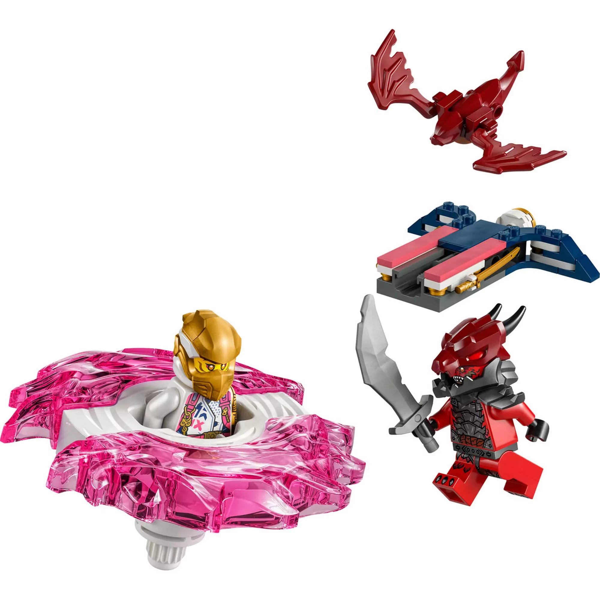 A LEGO Ninjago Sora sárkány Spinjitzu pörgettyűje 71824 szett tartalma, Sora figurával és a sárkány Spinjitzu pörgettyűvel.