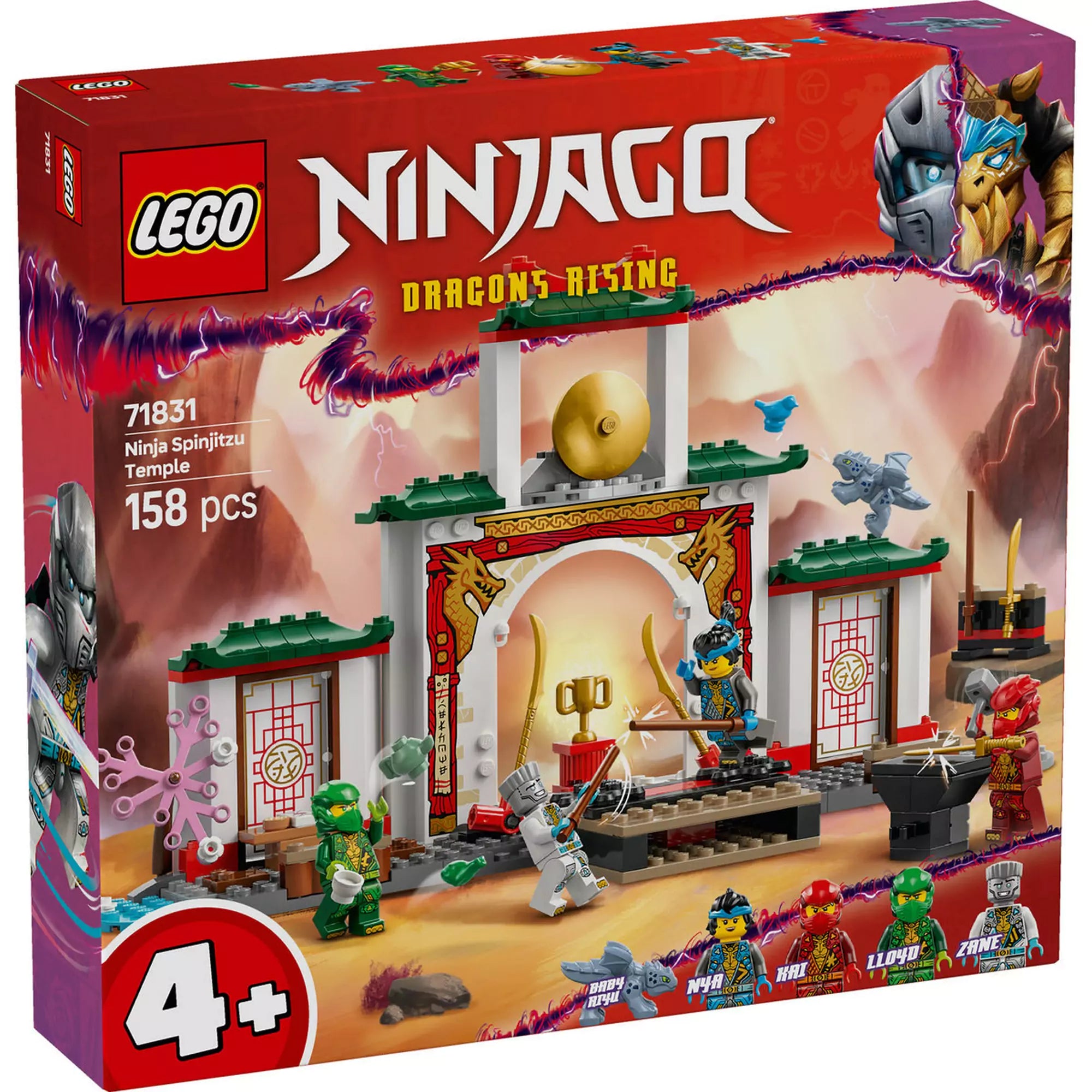 LEGO Ninjago Spinjitzu nindzsatemplom 71831 dobozának elülső oldala, izgalmas grafikával és a készlet tartalmával.