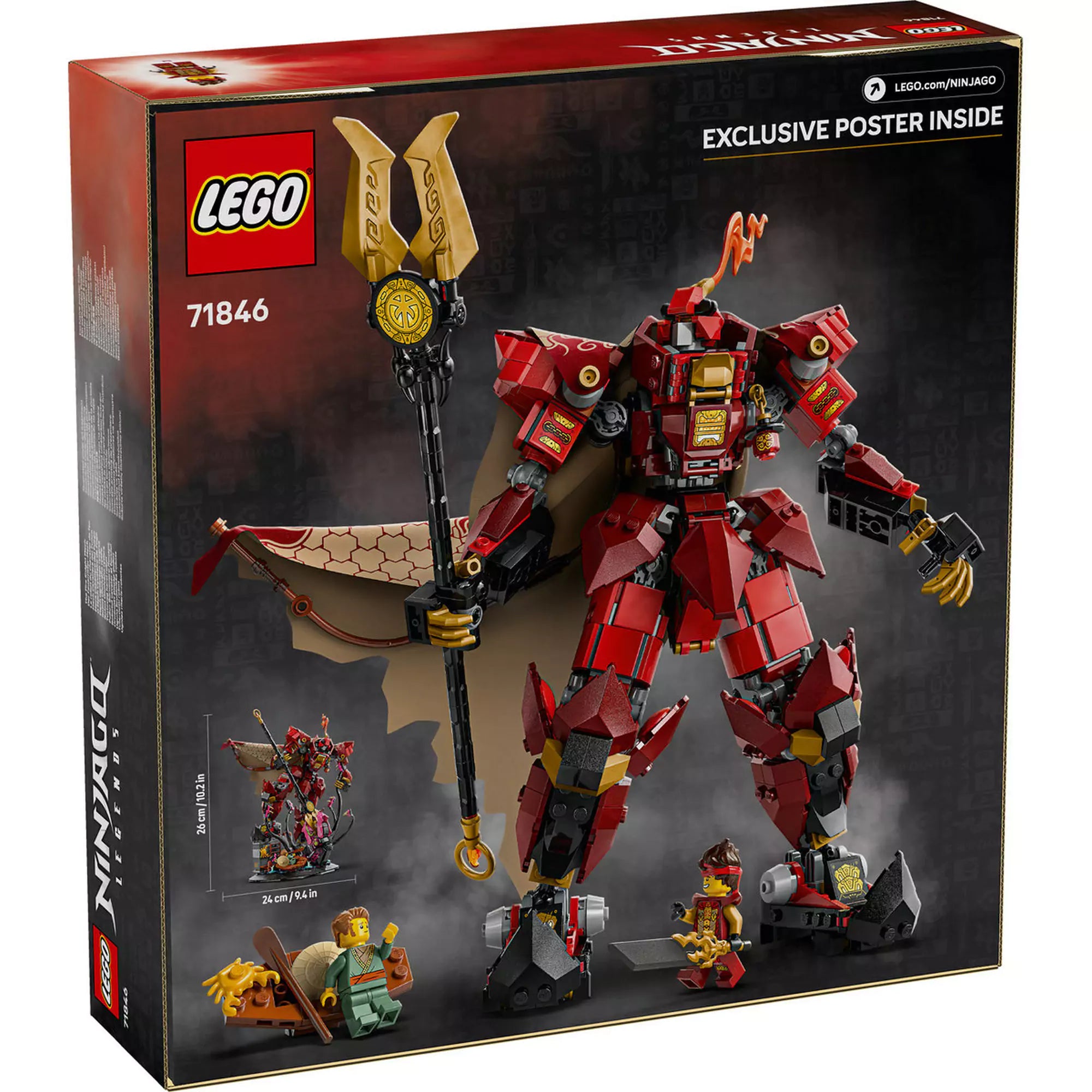 LEGO Ninjago: Tűzlovag harci robot 71846 hátoldali dobozkép, robot közelről, Kai és halász minifigurákkal, méretjelzéssel.