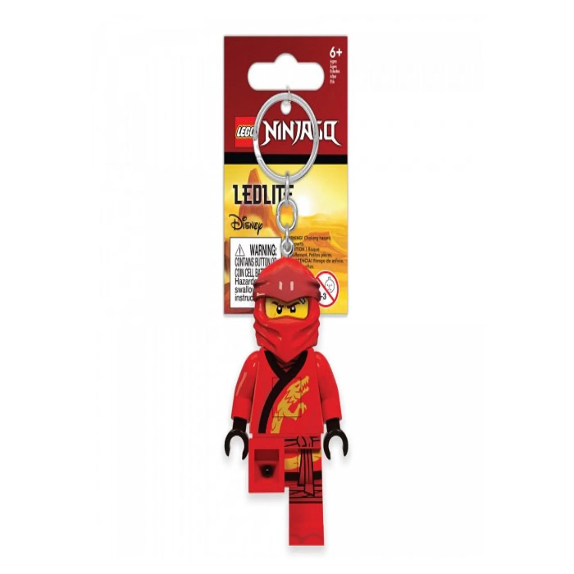 LEGO Ninjago Kai világító kulcstartó piros színben, eredeti LEGO csomagolásban, LED-es funkcióval, 6 éves kortól ajánlott gyerekeknek és rajongóknak.