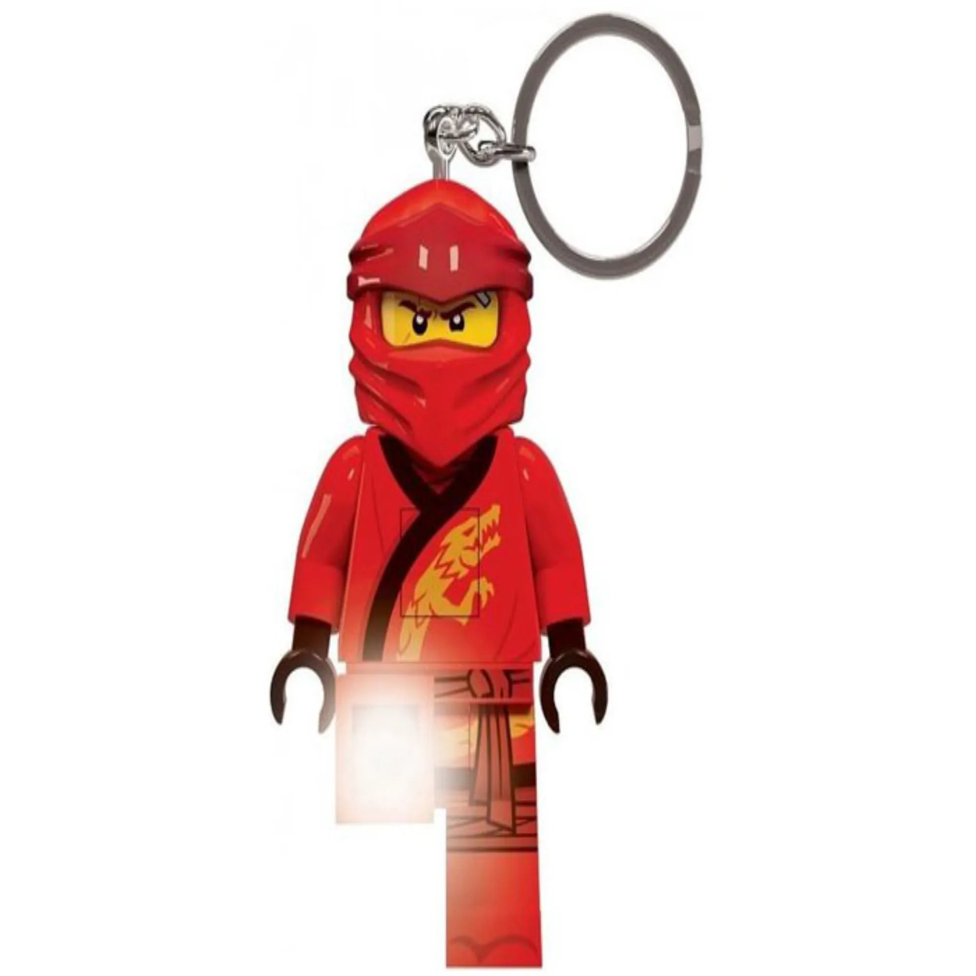 Bekapcsolt LEGO Ninjago Kai kulcstartó, amelynek lábából erős LED-fény világít. Részletgazdag 7,5 cm-es minifigura, mozgatható végtagokkal.