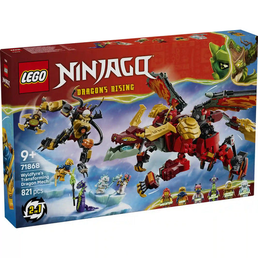 LEGO NINJAGO Dragons Rising Wyldfyre átalakuló sárkányrobotja 71868 készlet dobozképe a 2 az 1-ben 