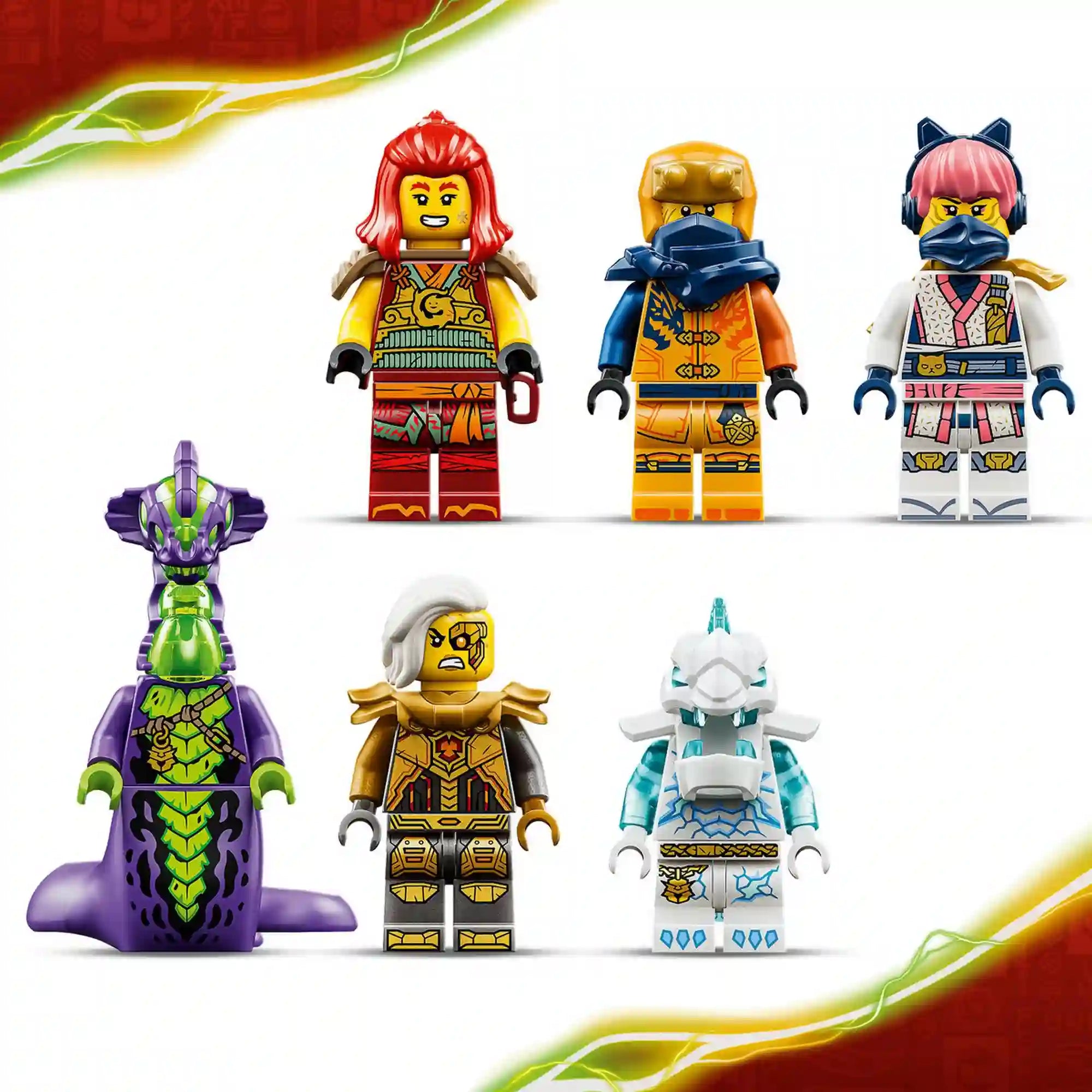 LEGO NINJAGO 71868 készlet minifigurái: Wyldfyre, Arin, Sora, Beatrix császárnő, Jégszörny és Maró szörny részletgazdag felszerelésekkel.
