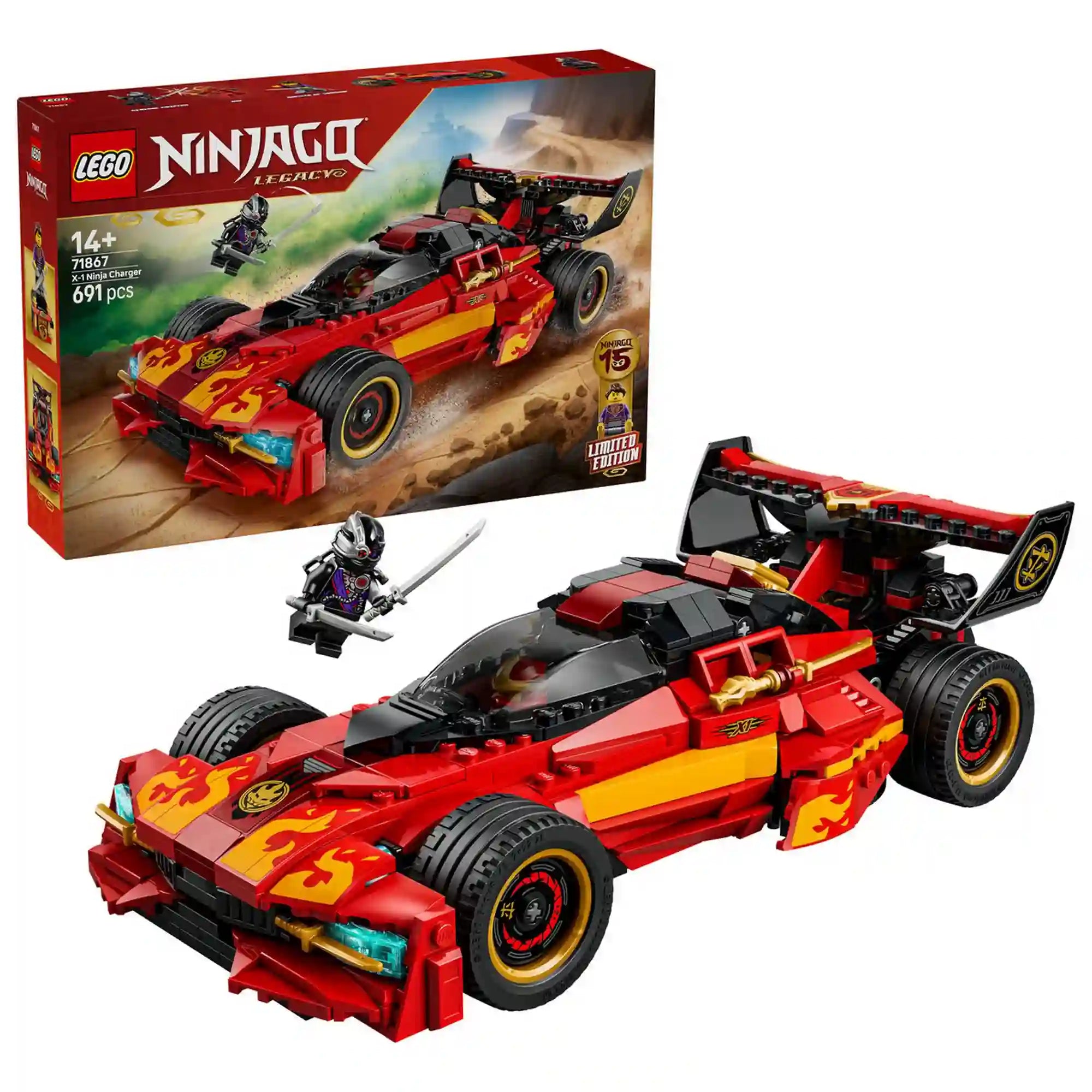 LEGO NINJAGO X-1 Nindzsa csatagép 71867 készlet látványos vörös versenyautóval, Cryptor tábornok minifigurájával és jubileumi dobozképpel.