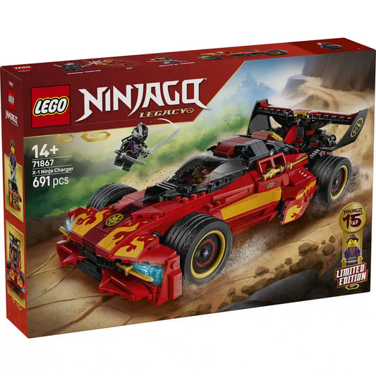 LEGO NINJAGO Legacy X-1 Nindzsa csatagép 71867 jubileumi készlet dobozképe vörös versenyautóval és exkluzív minifigurákkal.