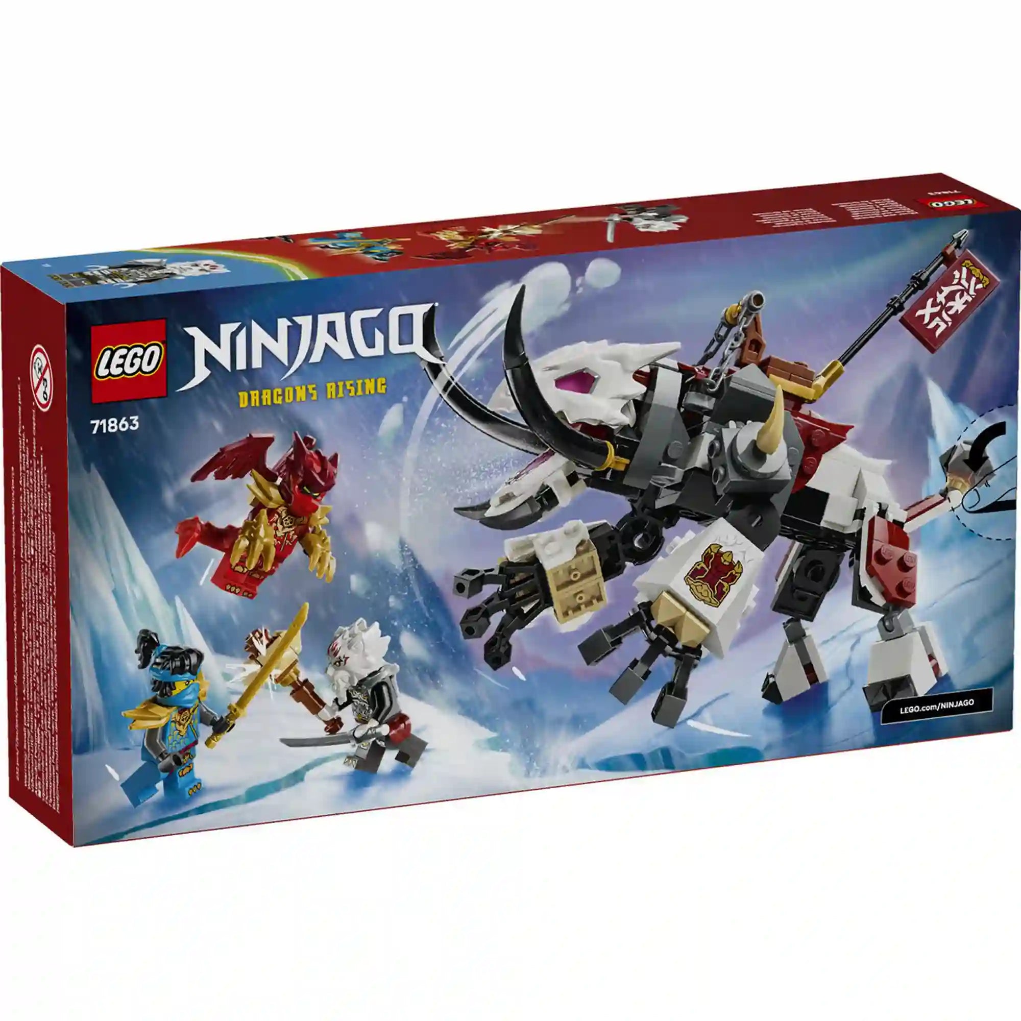 LEGO NINJAGO Zilvar és Grimtak, a sárkányszörny 71863 készlet hátoldala, amely bemutatja a mozgatható végtagokat, a nyerget és a játékfunkciókat.