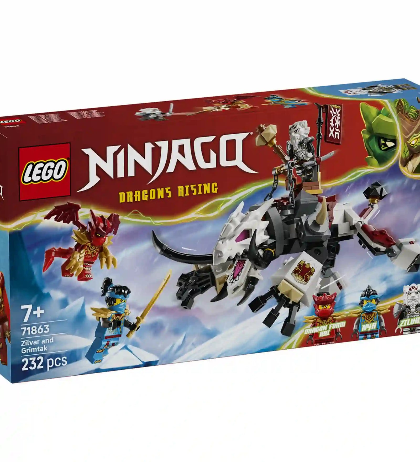 LEGO NINJAGO Zilvar és Grimtak, a sárkányszörny 71863 készlet doboza, a Dragons Rising sorozat akciódús jelenetével, Nya, Kai és Zilvar minifigurákkal.