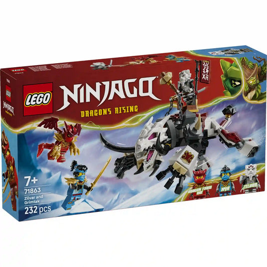 LEGO NINJAGO Zilvar és Grimtak, a sárkányszörny 71863 készlet doboza, a Dragons Rising sorozat akciódús jelenetével, Nya, Kai és Zilvar minifigurákkal.