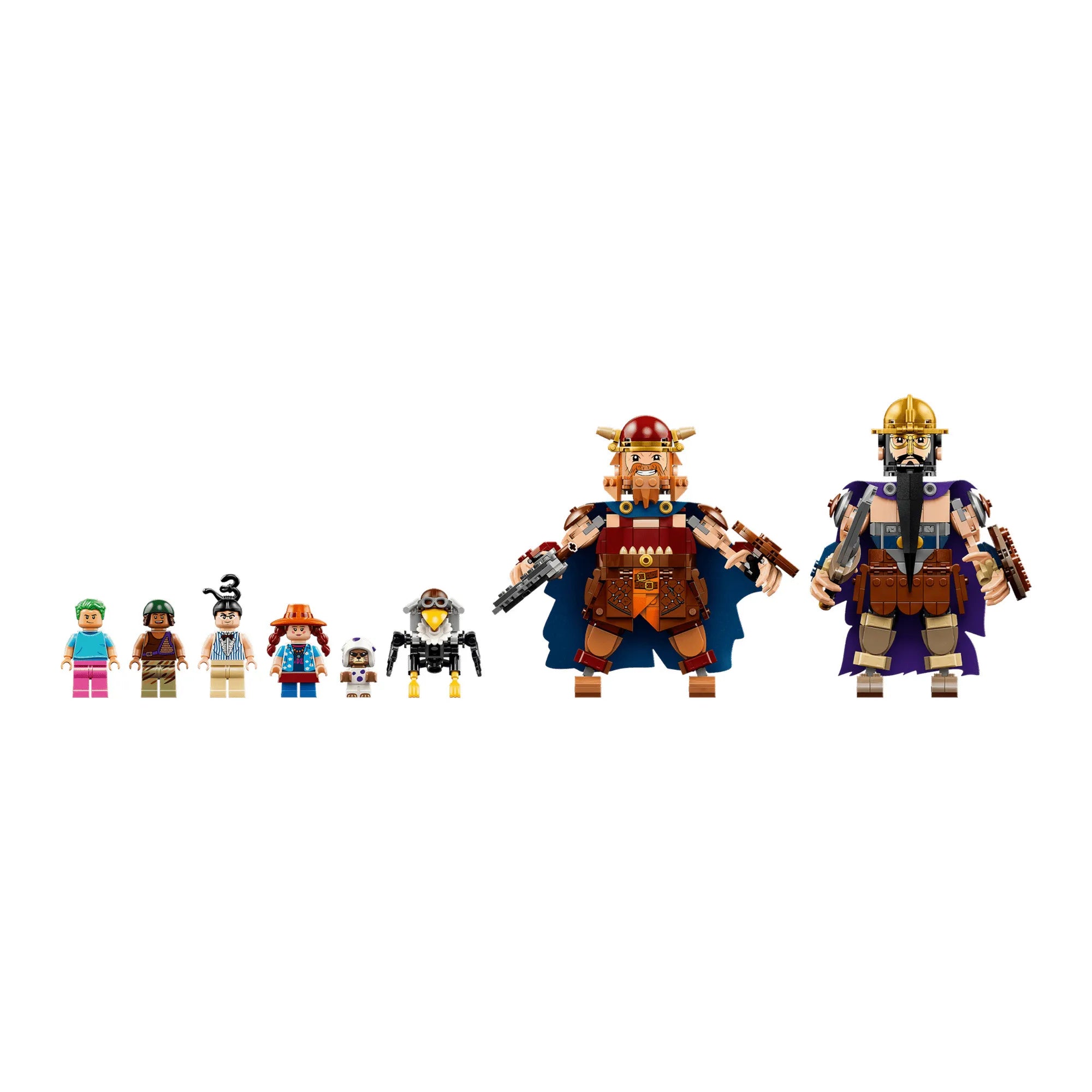A LEGO ONE PIECE 75644 készlet szereplői: Dorry, Brogy, Zoro, Usopp, Mr. 3, Miss Goldenweek, Mr. 13 és Miss Friday.