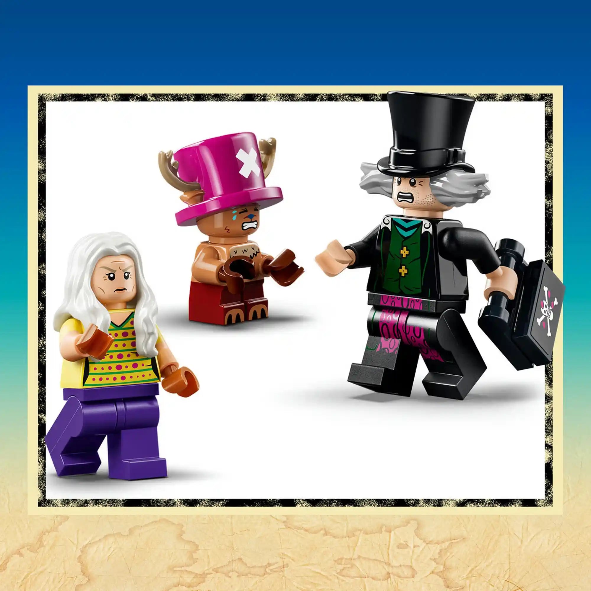 A LEGO One Piece: Dr. Hiriluk rejtekhelye 75641 minifigurái: Tony Tony Chopper, Dr. Hiriluk és Dr. Kureha.