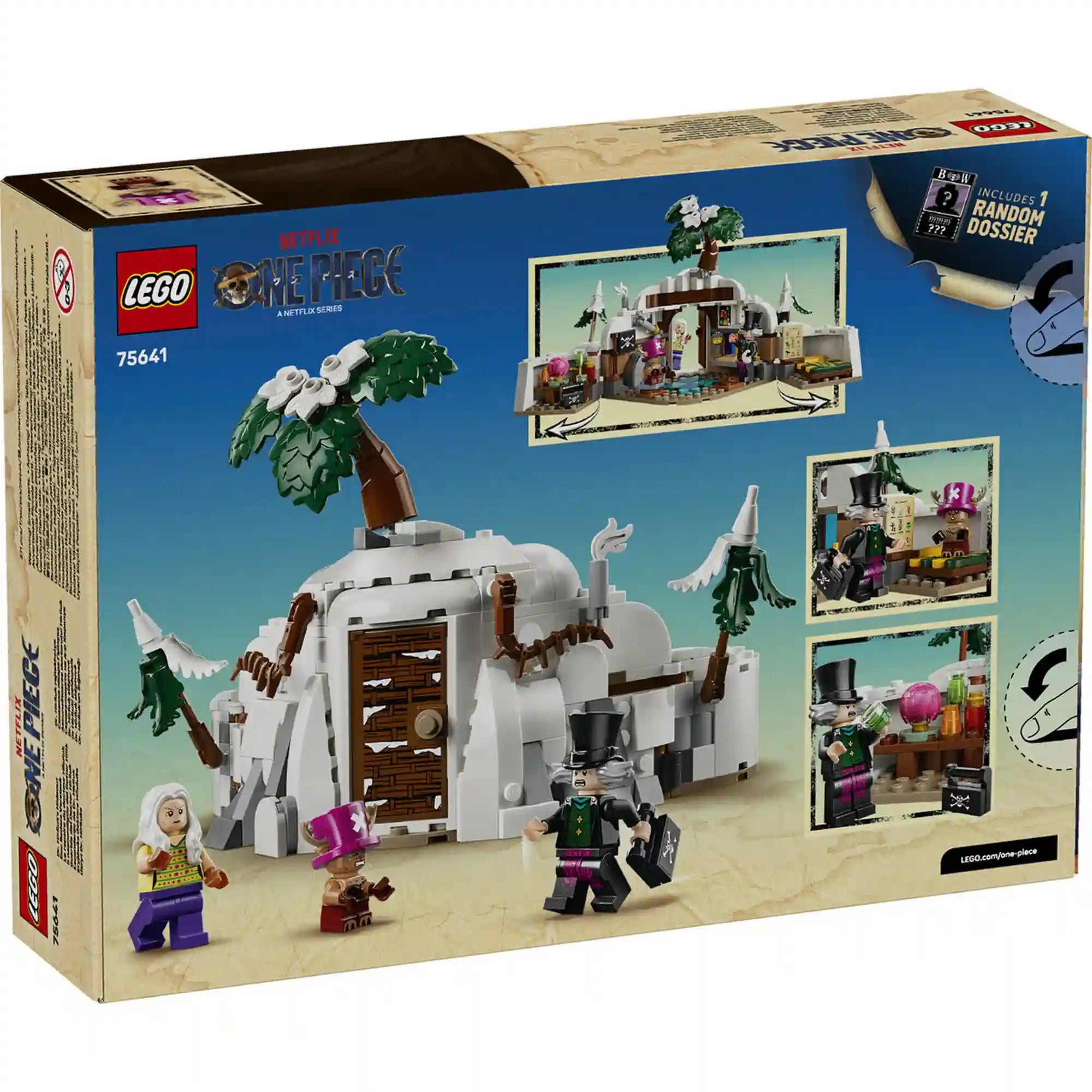 A LEGO One Piece: Dr. Hiriluk rejtekhelye 75641 dobozának hátoldala, amely bemutatja a nyitható barlangot és a játékelemeket.