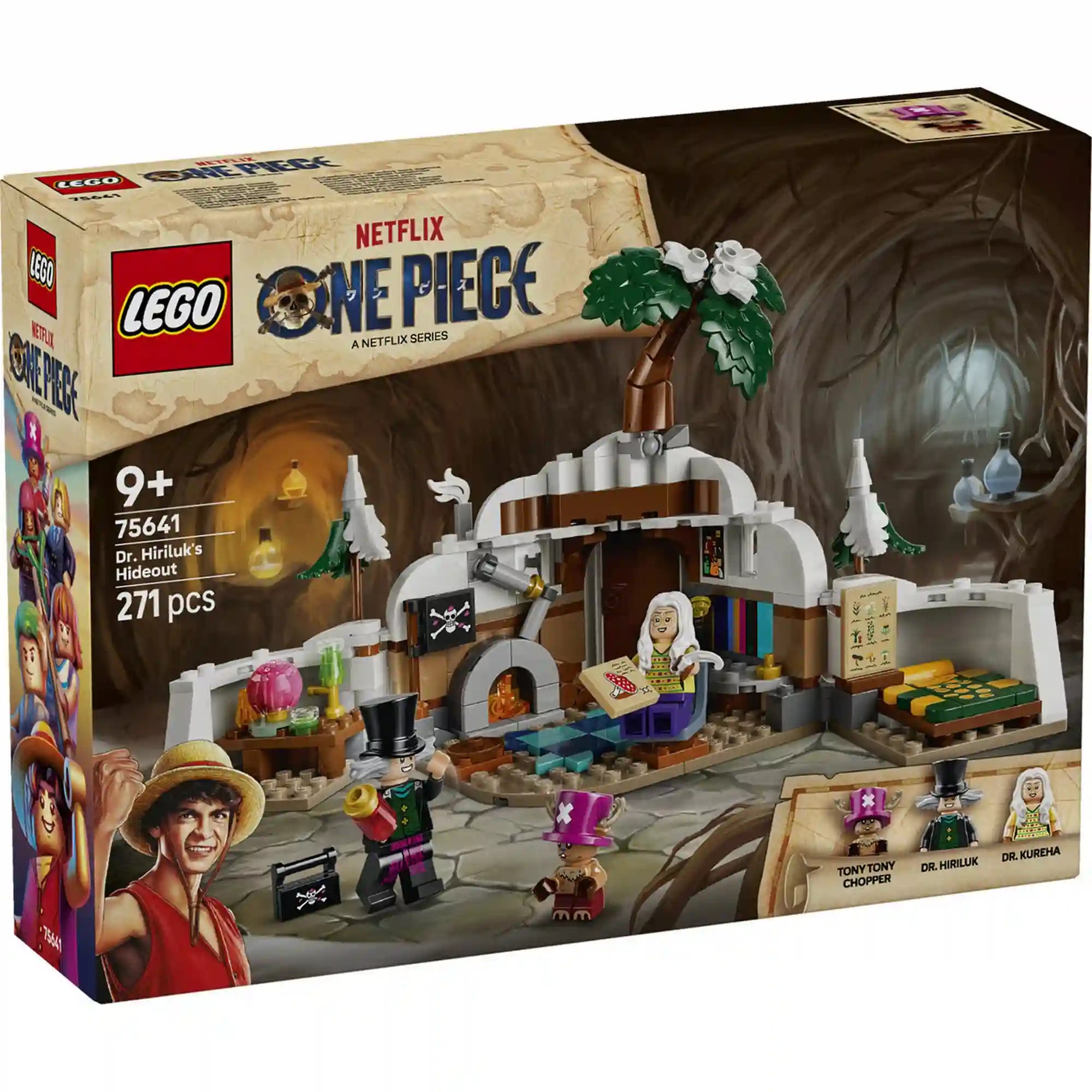 A LEGO One Piece: Dr. Hiriluk rejtekhelye 75641 dobozának eleje a ONE PIECE szereplőivel és a 271 darabos készlettel.