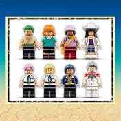 A LEGO ONE PIECE: Garp tengeri csatahajója 75646 készlet mind a nyolc minifigurája: Zoro, Nami, Usopp, Miss All Sunday, Koby, Helmeppo, Tashigi és Garp altengernagy.