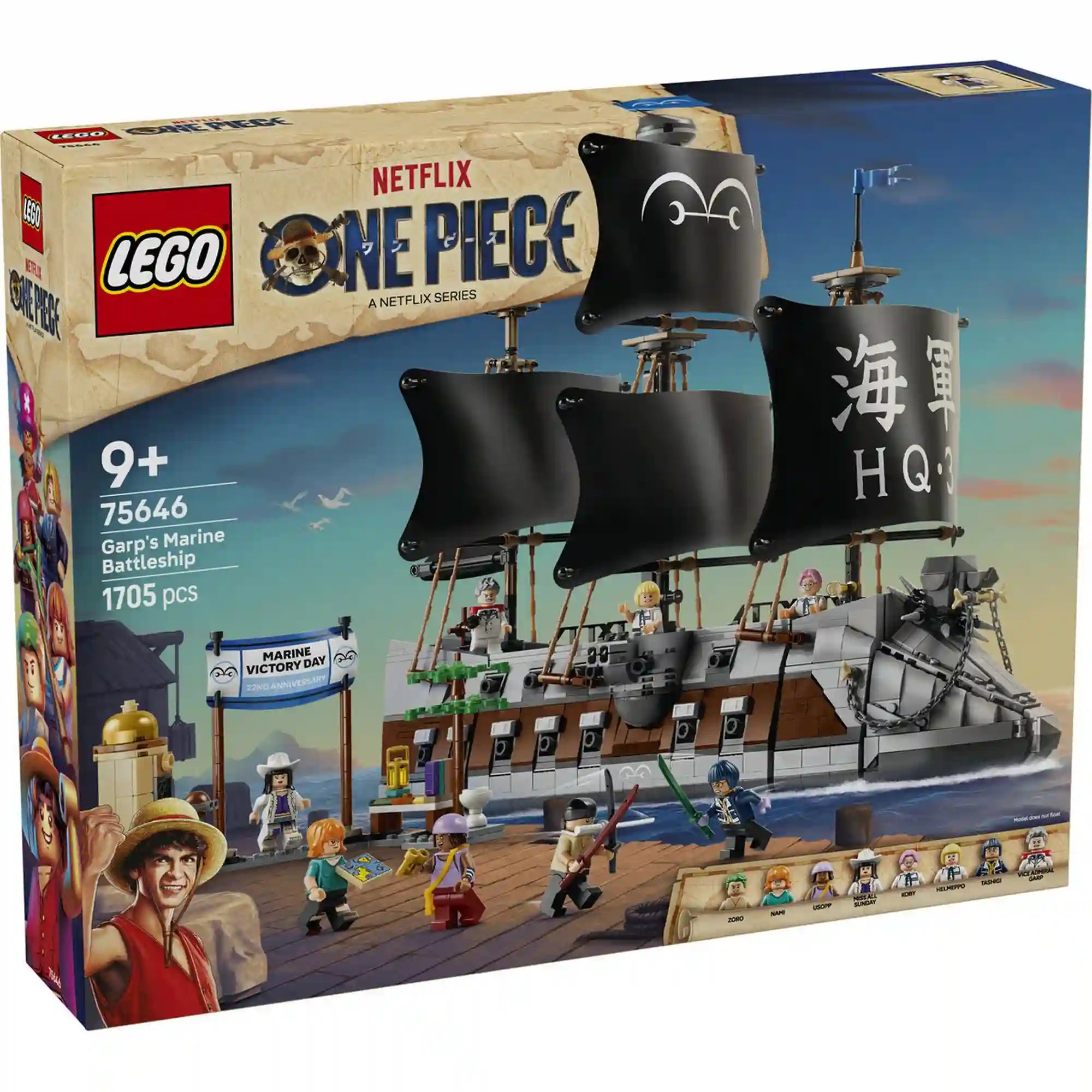 A LEGO ONE PIECE: Garp tengeri csatahajója 75646 dobozának eleje a 1705 darabos készlettel, a hadihajóval és a Netflix One Piece sorozat szereplőivel.