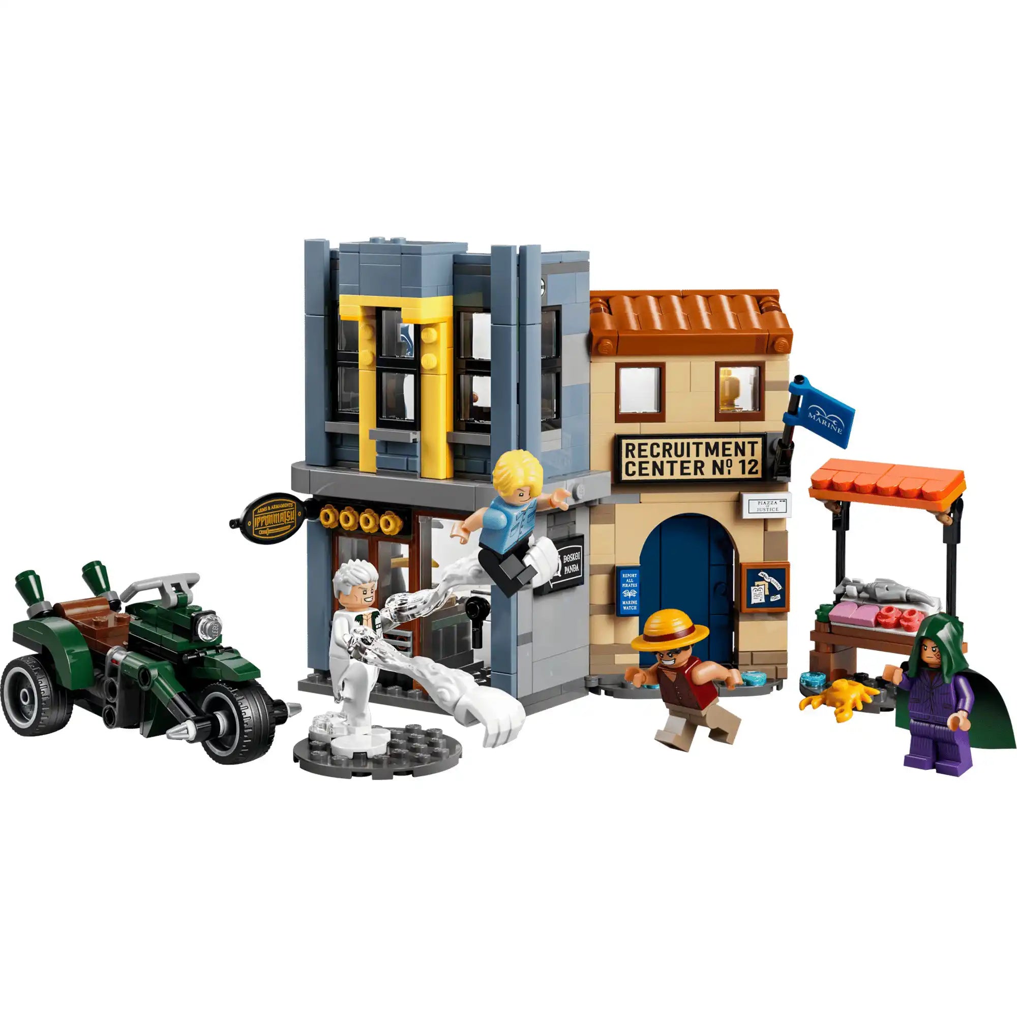 LEGO ONE PIECE Leszámolás Smoker kapitánnyal 75642 teljes megépített készlet Loguetown épületeivel, motorkerékpárral és négy minifigurával.