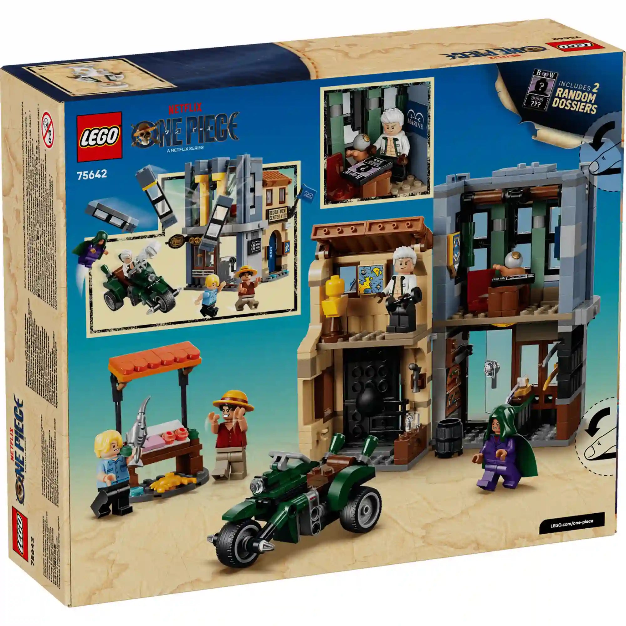 A LEGO ONE PIECE 75642 készlet hátoldala a nyitható épületekkel, rejtett funkciókkal és játéklehetőségekkel.