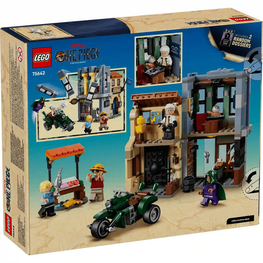 A LEGO ONE PIECE 75642 készlet hátoldala a nyitható épületekkel, rejtett funkciókkal és játéklehetőségekkel.