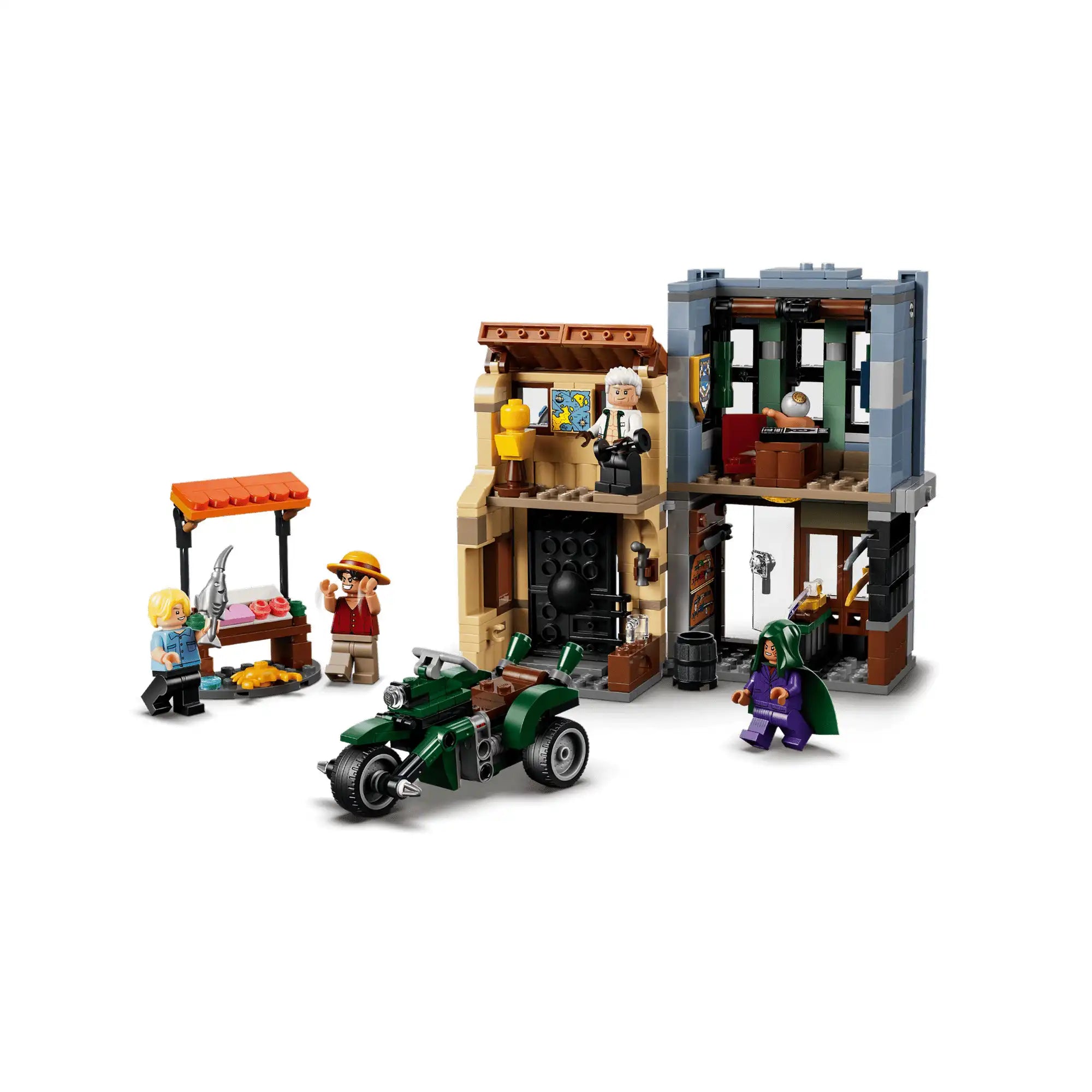 A LEGO ONE PIECE 75642 készlet belső terei, Loguetown épületei, halárus standja és Smoker
