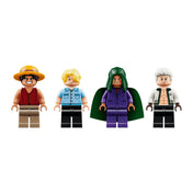 A LEGO ONE PIECE 75642 készlet négy minifigurája: Monkey D. Luffy, Sanji, Dragon és Smoker kapitány.