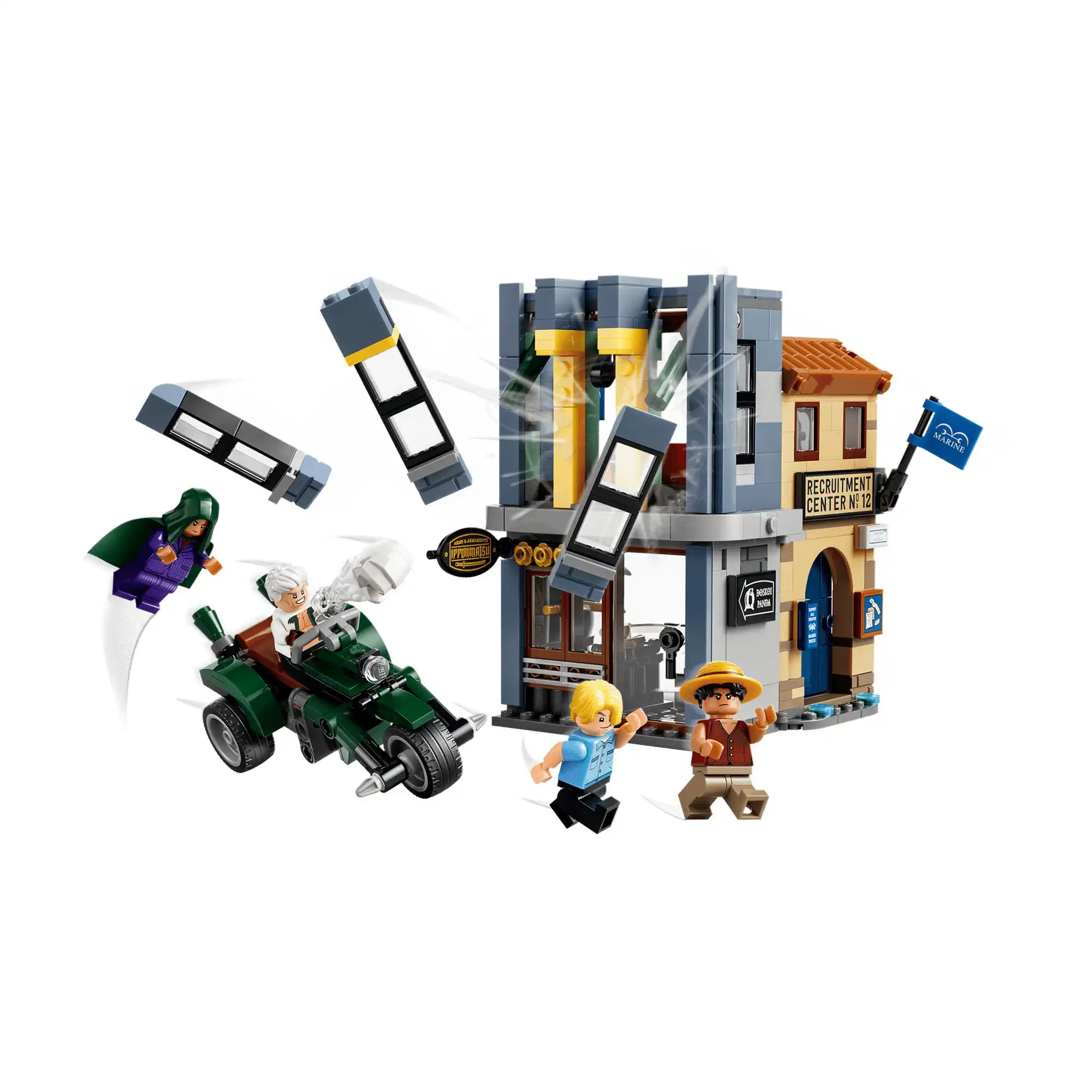 LEGO ONE PIECE Leszámolás Smoker kapitánnyal jelenet robbanó épületfunkcióval, Smoker motorkerékpárjával és akciójelenettel.