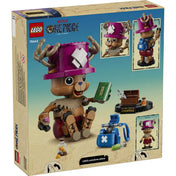 A LEGO ONE PIECE Tony Tony Chopper 75643 építőkészlet dobozának hátoldala a funkciók és a kiegészítők bemutatásával.