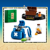 A LEGO ONE PIECE Tony Tony Chopper 75643 készlet kiegészítői: hátizsák, könyv, láda, fecskendő, üvegek és talapzat.