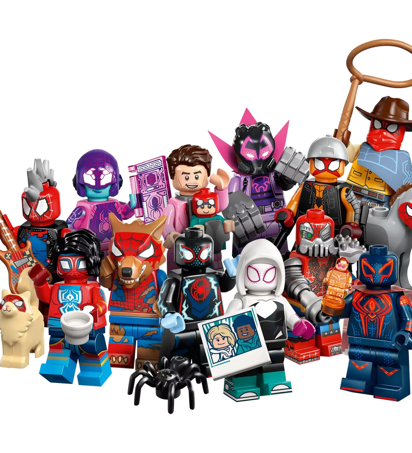 A LEGO Pókember: A Pókverzumon át sorozat 12 gyűjthető minifigurája, változatos karakterekkel és egyedi kiegészítőkkel.