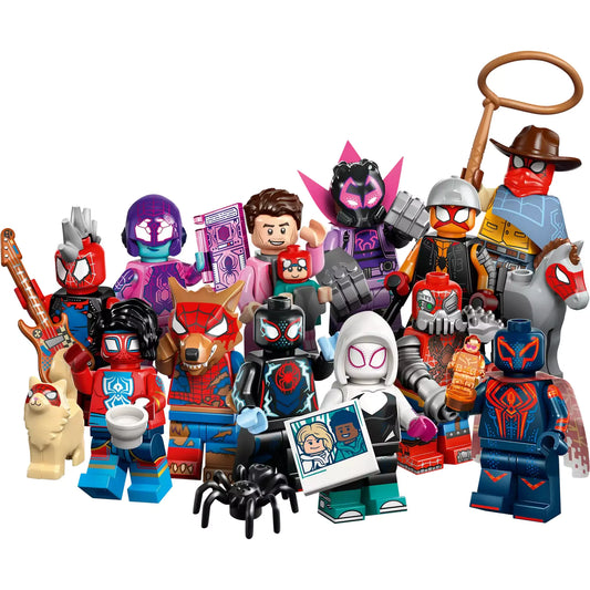 A LEGO Pókember: A Pókverzumon át sorozat 12 gyűjthető minifigurája, változatos karakterekkel és egyedi kiegészítőkkel.