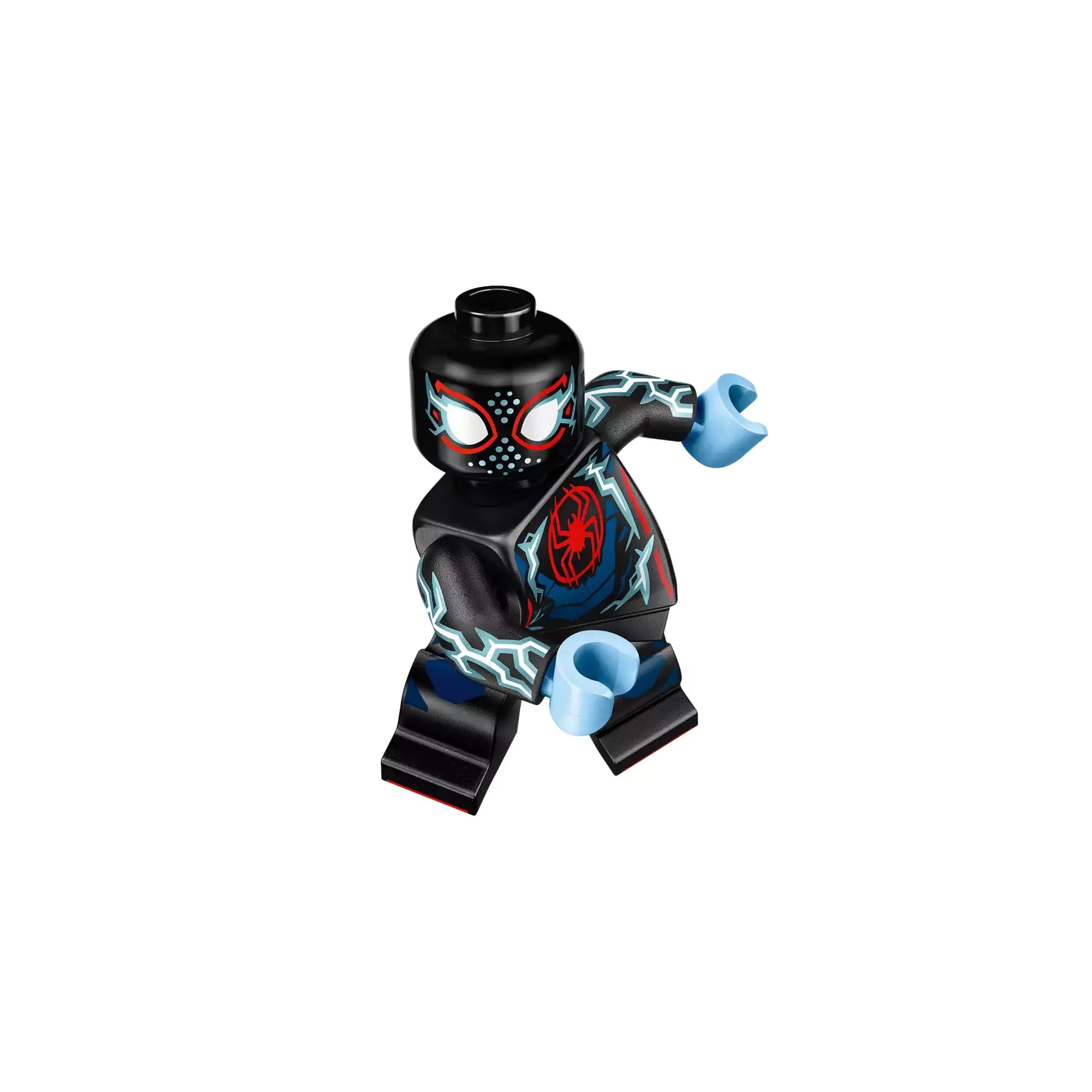 LEGO Miles Morales minifigura fekete-piros pókruhával és kék villámmintás részletekkel a Pókverzum sorozatból.