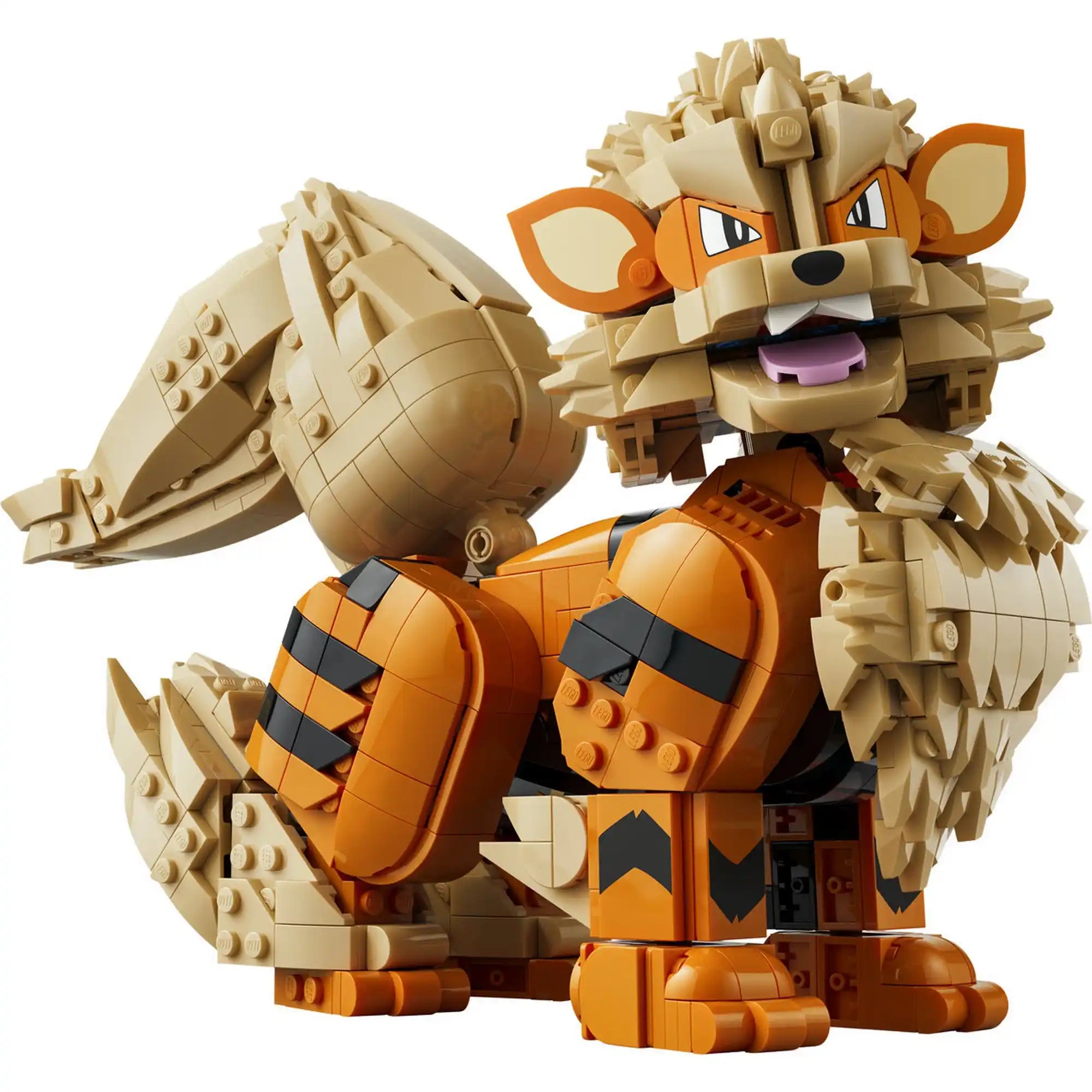 A LEGO Pokémon: Arcanine 72160 figura mozgatható funkcióinak bemutatása, állítható fejjel, lábakkal és farokkal.