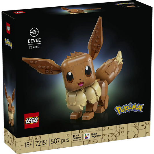 LEGO Pokémon Eevee (72151) dobozkép elölnézetből, fekete háttérrel, nagy méretű, aranyos Eevee figura, 587 darabos felnőtt LEGO készlet