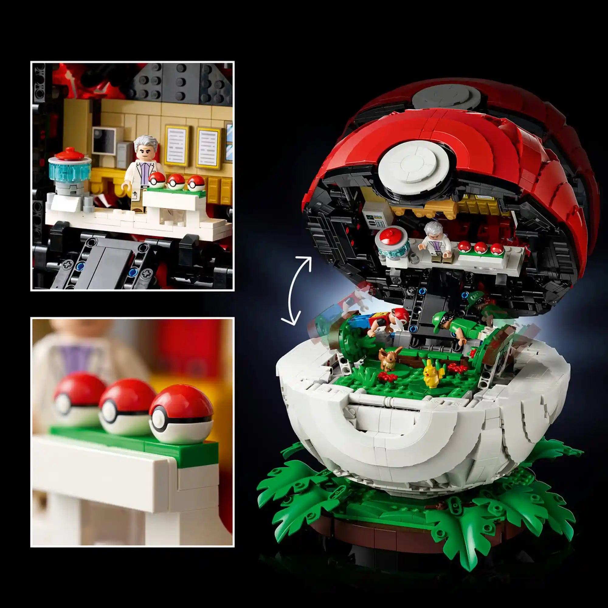 LEGO Pokémon: Ikonikus Trénerpillanatok Pokélabda 72154 nyitott modellje, belsejében Pokémon-laborral, Pikachuval, Eevee-vel és trénerekkel.