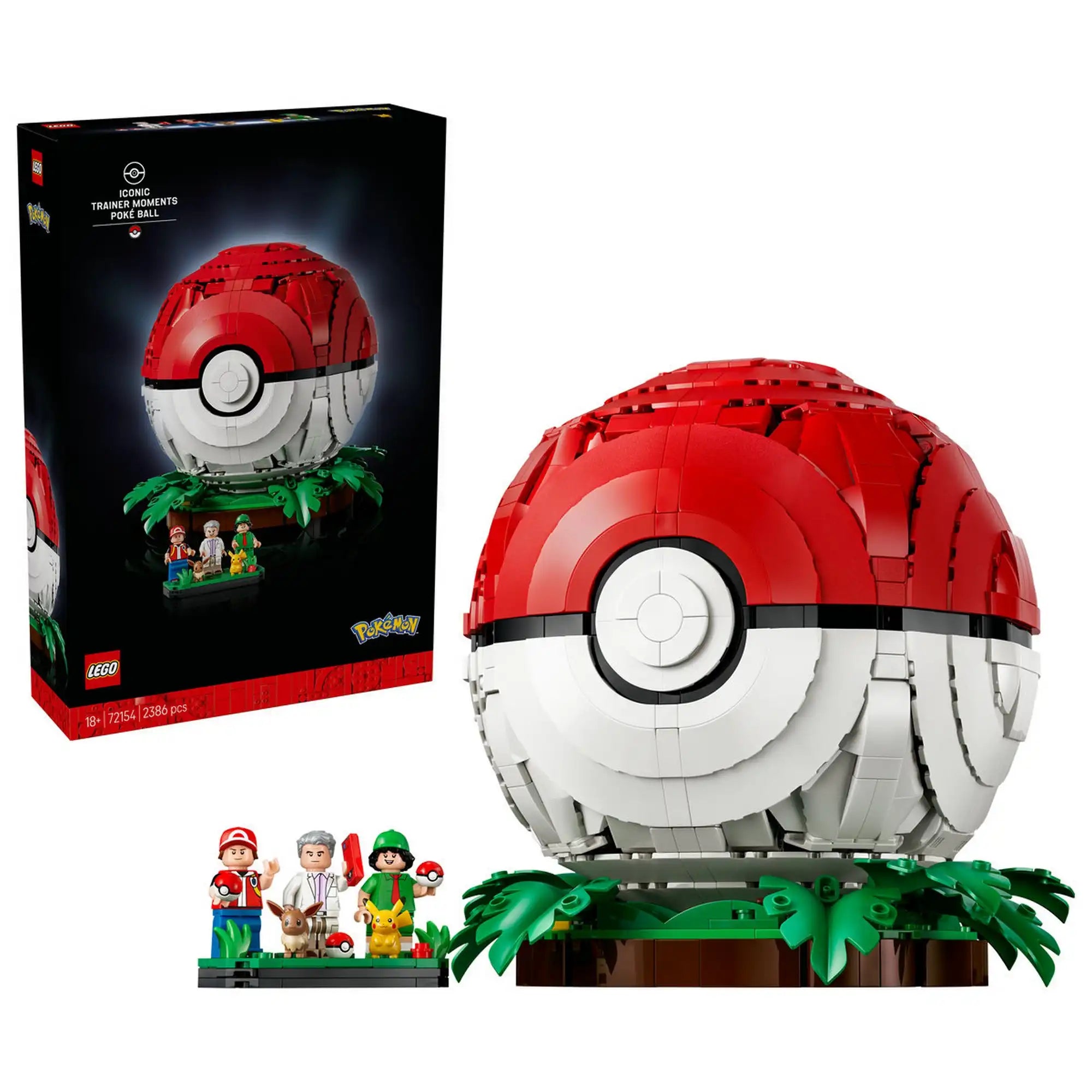 LEGO Pokémon: Ikonikus Trénerpillanatok Pokélabda 72154 doboza és megépített modellje, három trénerrel, Pikachuval és Eevee-vel.