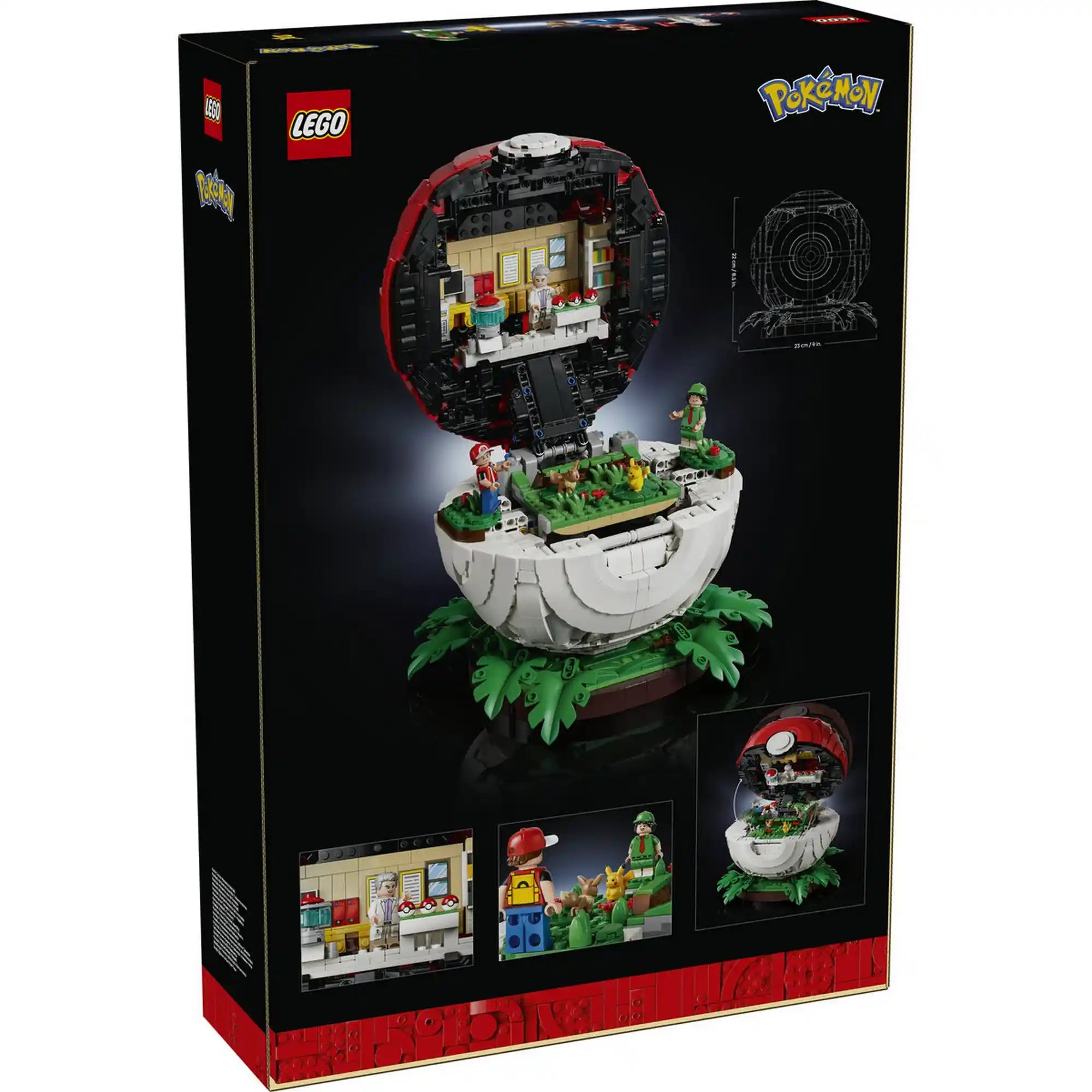LEGO Pokémon: Ikonikus Trénerpillanatok Pokélabda 72154 dobozának hátoldala, a nyitott Pokélabda és a belső jelenetek részleteivel.