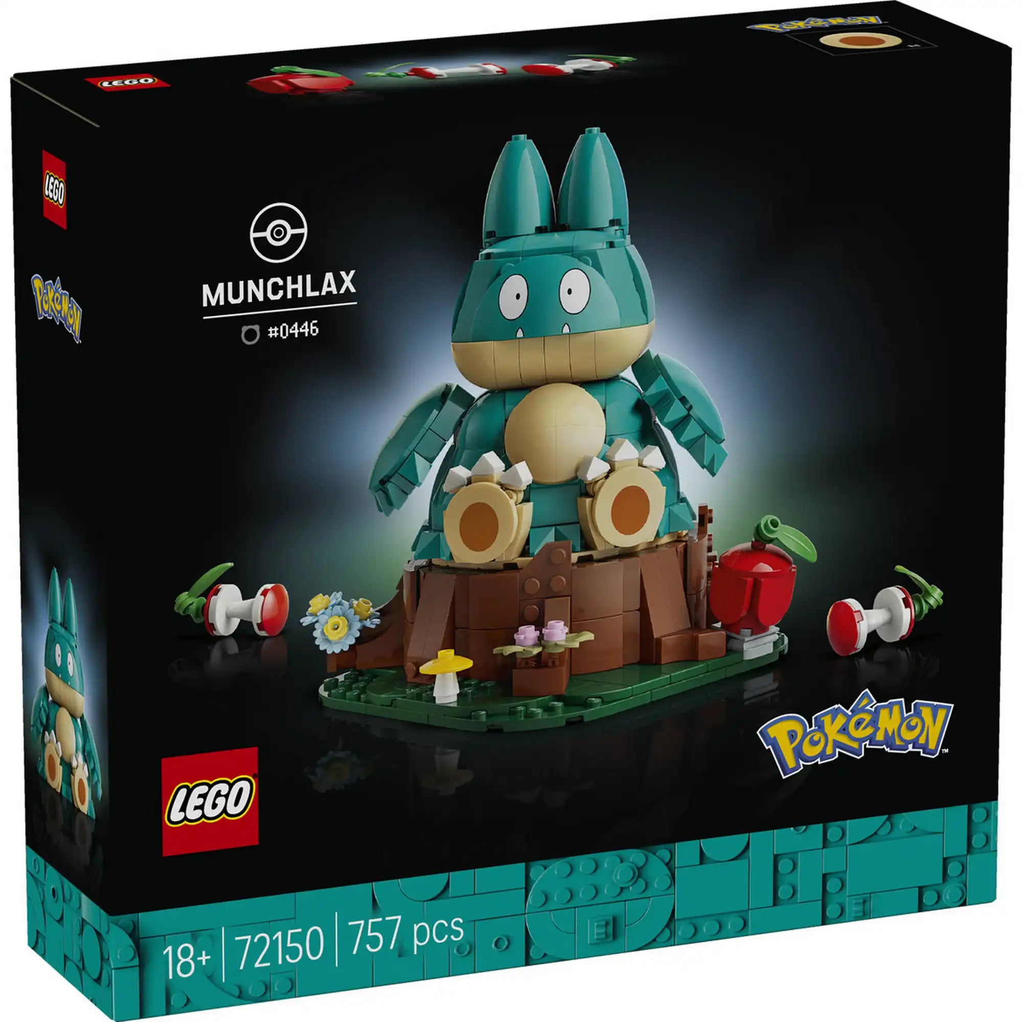 A LEGO Pokémon Munchlax 72150 készlet hátoldala, amely bemutatja a modell funkcióit és méreteit.