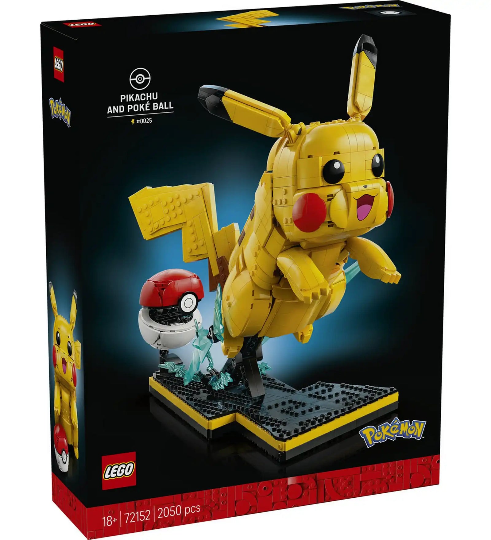 LEGO Pokémon: Pikachu és pokélabda 72152, 2050 darabos dobozkép, amelyen a megépített Pikachu figura dinamikus pózban, villámeffektussal és Poké labdával látható.