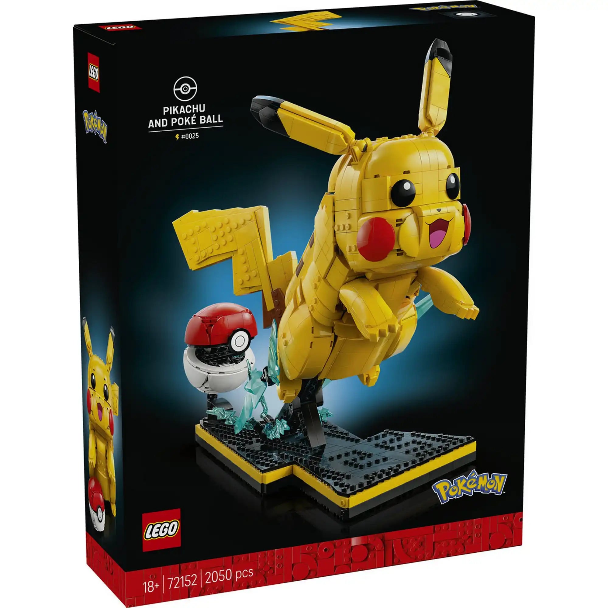 LEGO Pokémon: Pikachu és pokélabda 72152, 2050 darabos dobozkép, amelyen a megépített Pikachu figura dinamikus pózban, villámeffektussal és Poké labdával látható.
