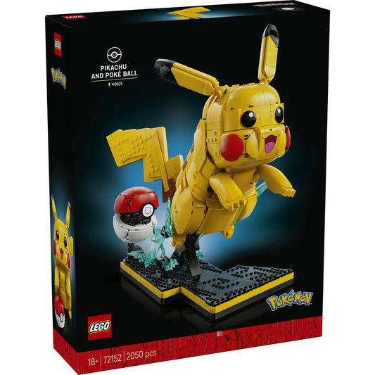 LEGO Pokémon: Pikachu és pokélabda 72152, 2050 darabos dobozkép, amelyen a megépített Pikachu figura dinamikus pózban, villámeffektussal és Poké labdával látható.